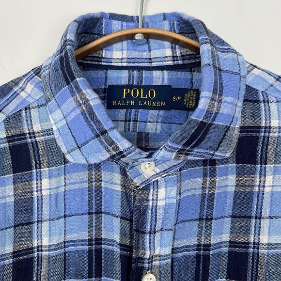 Polo Ralph Lauren Shirt Men’s Small 100% Linen Button Up Blue Plaid Long Sleeve - Picture 3 of 8